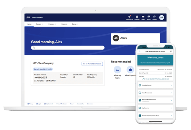 ADP TotalSource/PEO desktop dashboard and mobile app.